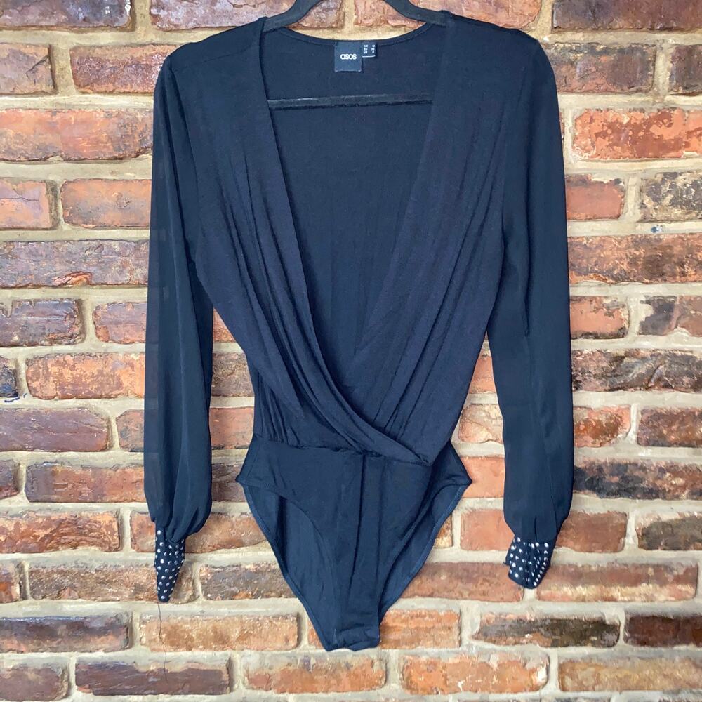 ASOS Black Studded Stud Cuff Surplice Faux Wrap Bodysuit Women's Size 6